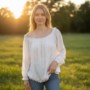 Boho White Sheer Off/On Shoulder Peasant Blouse with Embroidered Details Size 14